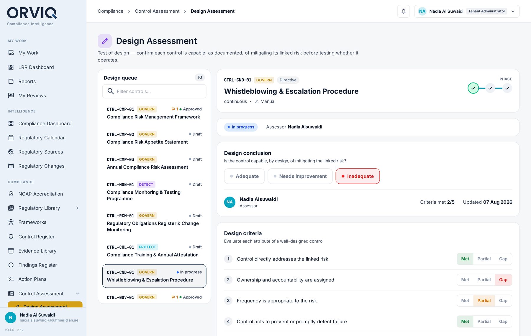 OrviQ Control Assessment and 3x3 Assurance Matrix interface